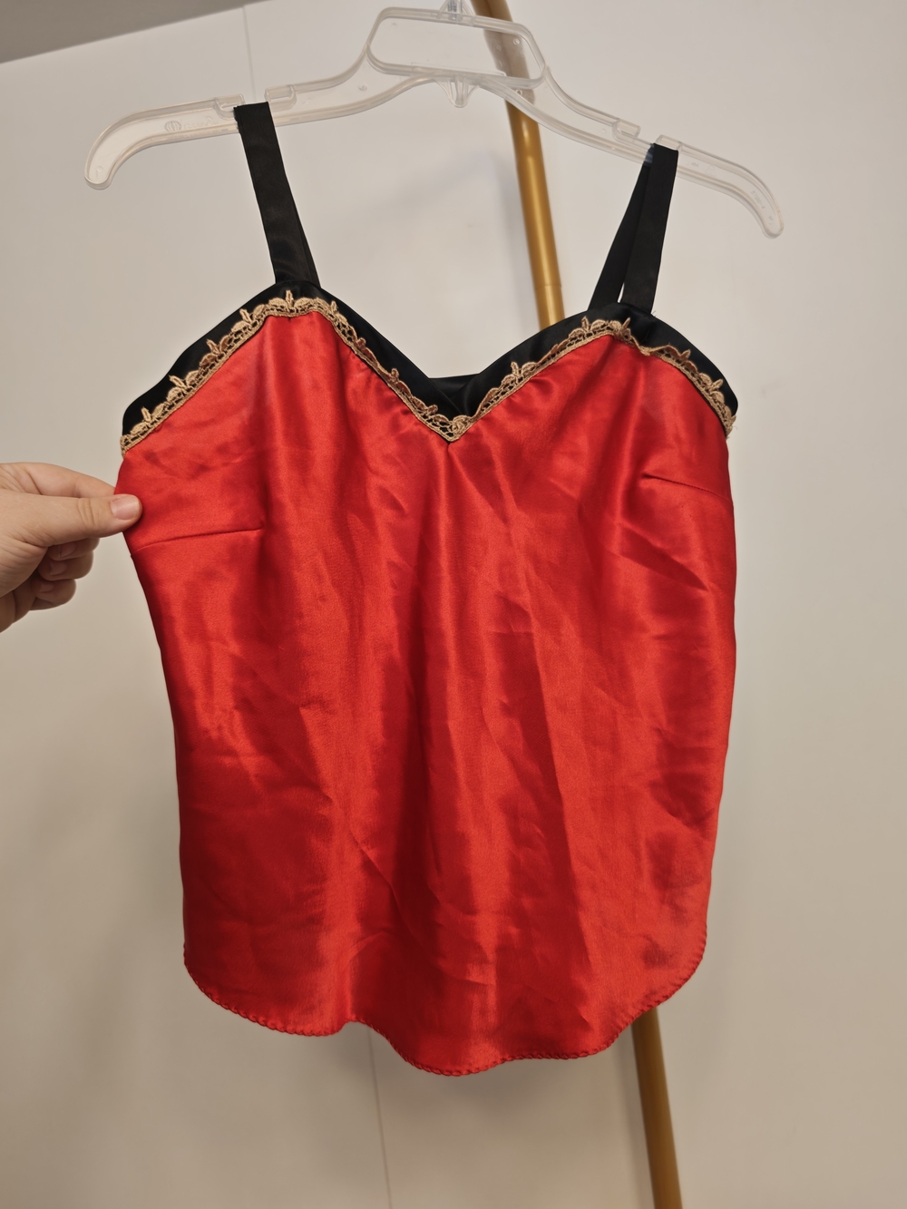 Babydoll Y2K‎ Red Satin Lace Trim Camisole Top Black Trim Medium